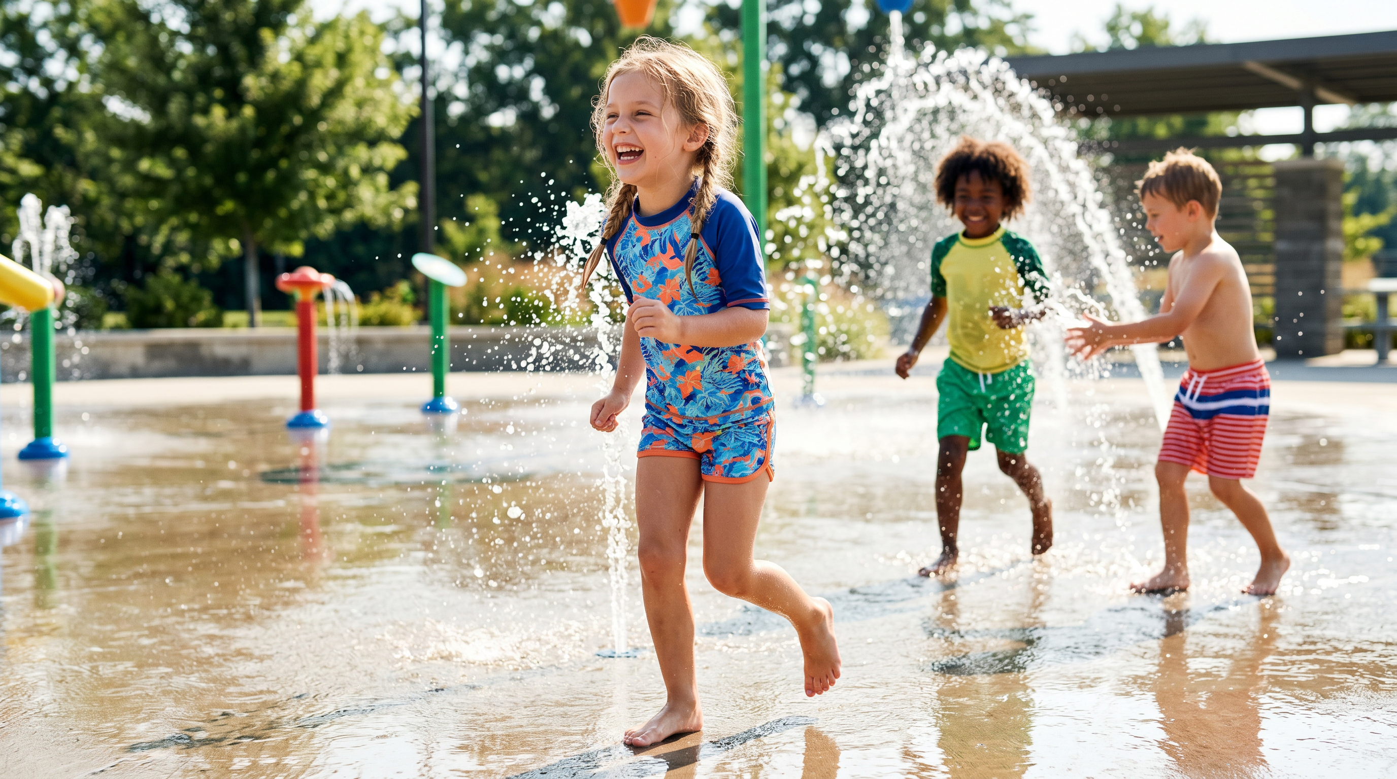 Children playing at a splash pad in the Panorama community